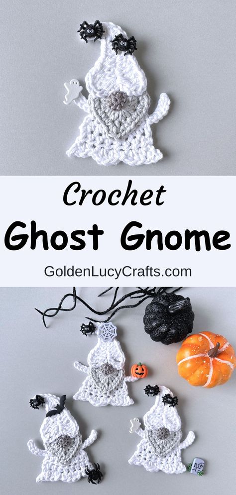 Crocheted ghost gnomes embellished with Halloween craft buttons. Gnome Free Pattern, Ghost Gnome, Crochet Ghost, Crochet Bat, Halloween Dog Bandana, Yarn Ideas, Crochet Pattern Instructions, Holiday Knits, Crochet Halloween