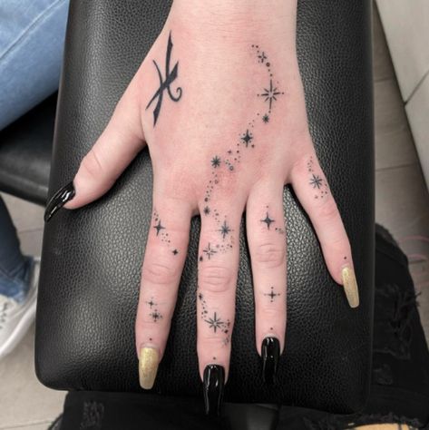 Hand Tattoos With Stars, Dot And Star Filler Tattoo, Space Tattoos Hand, Galaxy Finger Tattoo, Tattoos Of Stars For Women, Star Hands Tattoo, Galaxy Hand Tattoos For Women, Hand Tattoos Space, Hand Twinkle Tattoo