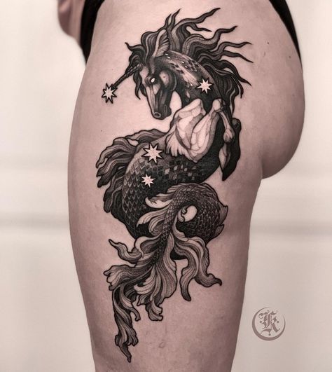 Animal Hybrid Tattoo, Kelpie Tattoo Scottish, Fantasy Animal Tattoo, Illustrative Dog Tattoo, Fairytale Sleeve Tattoo, Mythical Creatures Tattoo Sleeve, Cryptid Tattoo Sleeve, Forest Back Tattoo, Scottish Unicorn Tattoo