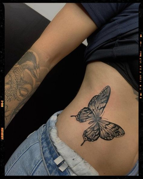 Butterfly Tattoo Inspiration Bad Butterfly Tattoo, Transform Butterfly Tattoo, Amazing Butterfly Tattoos, Giant Butterfly Tattoo, Big Butterfly Back Tattoo, Big Butterfly Tattoo On Back, Rib Tattoo Big, Color And Black Tattoo, Butterfly Tattoo Sternum