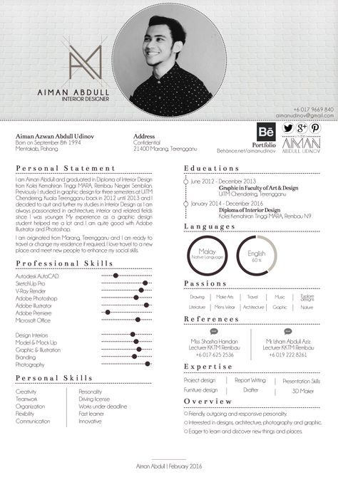 Resume of Aiman Abdull #resume #businesscard #interiordesign #architecture #interior #graphic #graphicdesign Resume For Interior Designer, Resume Interior Design, Cv Of Interior Designer, Cv For Interior Designer, Cv Interior Design, Cv For Architecture Student, Architecture Student Resume, Architectural Resume, Resume Architecture