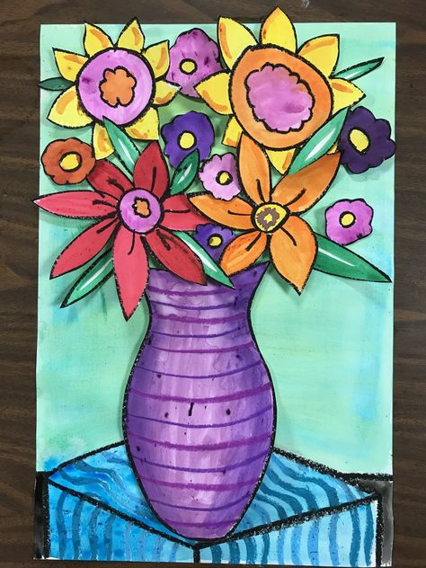 Last week 3rd grade started this fun, colorful Spring work of art! I've been crusting around the internet for new ideas, and came acros... Spring Art Ideas, Third Grade Art, Spring Flower Art, Spring Art Projects, 4th Grade Art, 5th Grade Art, 3rd Grade Art, Spring Work, Elementary Art Projects