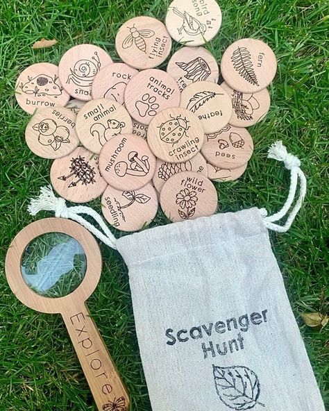 "Your child will love exploring in the forest with these fun, hands on wooden scavenger hunt discs. Each set includes twenty four 2\" hardwood discs that have been laser engraved with 24 different items to search for in the forest. This small and lightweight set is perfect for throwing in your bag to take along on all of your adventures and great for taking the classroom outdoors! IDEAS FOR PLAYING * Take turns pulling a disc out of the bag and have fun searching for the item(s) * For large groups - Place all discs image side down and let each child select a disc. Once they find their item, swap the disc with their friend and search for a new item. * Lay all discs out and work cooperatively to find all of the items * Practice sounding out and reading the words engraved on the discs * Uncoo Wood Games To Make, Small Laser Engraving Ideas, Laser Business Ideas, Small Business Craft Ideas, Laser Engraving Ideas To Sell, Wood Laser Projects, Laser Wood Ideas, Lasered Gifts, Forest Scavenger Hunt