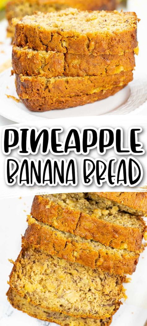 Elevate your banana bread game with a twist of tropical goodness. Our Pineapple Banana Bread is a delightful fusion of sweet bananas and juicy pineapple, resulting in a moist and flavorful treat that will transport your taste buds to a sunny beach. Enjoy a slice with your morning coffee or serve it as a crowd-pleasing dessert. It's the perfect balance of fruity flavors! Banana Pineapple Bread Recipe Moist, Banana Bread With Pineapple, Recipes With Crushed Pineapple, Pineapple Banana Bread, Pineapple Banana Bread Recipe, Pineapple Breakfast, Protein Banana Bread, Pineapple Bread, Bran Muffin Recipes