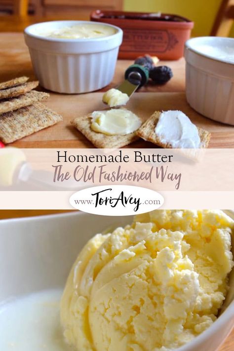 Homemade Butter - How to make butter the old fashioned way using simple kitchen tools, no butter churn required. Includes brief butter history. | ToriAvey.com #foodhistory #kitchentips #howto #kitchenturorial #foodhistory #todayilearned #theoldfashionedway #history #jars #masonjars #homemade #howto #foodnerd #butter via @toriavey Diy Butter, Make Butter, Butter Churn, Making Butter, Churning Butter, Sourdough Bread Recipe, Homemade Butter, Food Projects, Food History