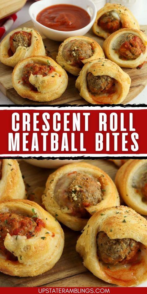 Crescent Roll Meatball Bites Crescent Roll Meatball Appetizers, Football Game Appetizers Appetizer Ideas, Crescent Rolls And Meatballs, Wrapped Meatballs, Meatball Puff Pastry Appetizer, Meatball Bites Appetizer Recipes, Meatball Crescent Ring, Meatball Snacks Appetizers, Meatball Crescent Cups