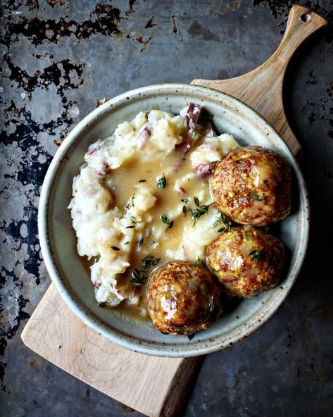 Sunday Supper: Italian Sausage Meatballs, Olive Oil Mashed Potatoes, And Gravy Dinner Ideas With Mashed Potatoes, Turkey Sausage Meatballs, Easy Sunday Dinner Ideas, Sausage Meatballs Recipes, Olive Oil Mashed Potatoes, Italian Sausage Meatballs, Easy Sunday Dinner, Sunday Dinner Ideas, Mashed Potatoes And Gravy