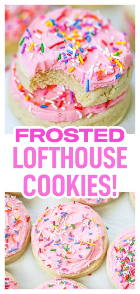 These whimsical, homemade Soft Lofthouse Cookies taste just like vanilla birthday cake, complete with pink fluffy frosting and rainbow sprinkles! It's a familiar favorite copycat recipe and are way better than the store-bought cookies you find in the store.