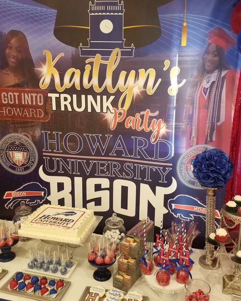 Kaitlyn's Howard University Trunk Party | CatchMyParty.com College Trunk Party Ideas, Trunk Party Ideas, College Send Off Party Ideas, Trunk Party Decorations, Mizzou Graduation Party, Trunk Party Ideas College, End Of School Party Ideas, College Announcements, College Bed