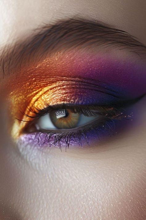 Eyeshadow Looks Sunset, Purple Makeup Wedding, Purple Orange Eye Makeup, Orange And Purple Eyeshadow, Sunset Inspired Outfits, Pink Purple Makeup Looks, Make Up Purple Eyes, Orange Purple Eyeshadow, Orange Purple Makeup