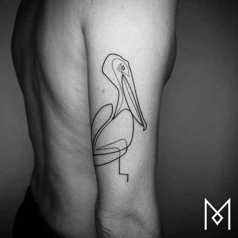 https://www.moganji.com/gallery Pelican Tattoo For Women, Pelican Tattoo, Steve Butcher Tattoo, Continuous Line Tattoo, Tato Suku, Tat Inspiration, Mo Ganji, Gamer Tattoos, Palm Tattoos