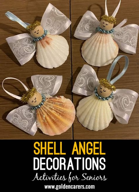 Shell Angel Decorations: Create delightful Shell Angel Decorations with residents, a simple and enjoyable craft that brings out their creativity while making a beautiful keepsake. Shell Angel Ornaments Diy, Handmade Angel Ornaments, Angel Shell Art, Beach Shell Crafts Diy, Seashell Angel Ornaments, Angel Shell Ornaments, Shell Angels Craft Ideas, Sea Shell Angels, Sea Shell Christmas Ornament