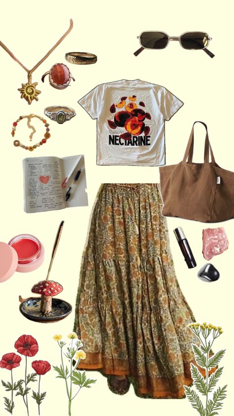 Long skirt tshirt rings jewelry earthy hippy natural incense essential oils mushrooms outfit inspiration clothes flowers journaling journal love sunglasses sun Basic Bohemian Outfits, Summer Outfits Whimsigoth, Modest Earthy Outfits Aesthetic, 70s Outfits Aesthetic, Flower Child Style, Garden Outfit, Lover Outfit, Mode Hippie, Teaching Outfits