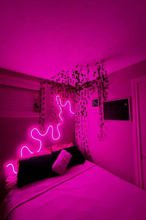 Led Strip Ideas Bedroom, Led Bedroom Design, Room Design With Led Lights, Led Light Ideas Living Room, Strip Led Lights Bedroom, Room Inspiration Bedroom Led Lights, Govee Neon Rope Idea, Neon Bedroom Signs, Room Led Lights Aesthetic