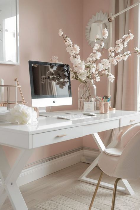 31+ Chic Home Office Ideas to Revamp Your Workspace Chic Home Office Ideas, Blush Pink Walls, Feminine Home Office Classy, Feminine Office Space, Girly Home Office, Feminine Office Decor, Pink Home Office, Chic Home Office, Pink Office Decor