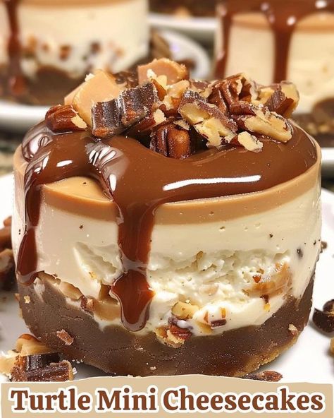 No Bake Mini Turtle Cheesecake, No Bake Turtle Mini Cheesecakes, Mini Turtle Cheesecakes, Philadelphia Cheesecake Recipe, Guava Desserts, Mini Turtle, Cake Apple, Turtle Cheesecake, Mini Cheesecake Recipes