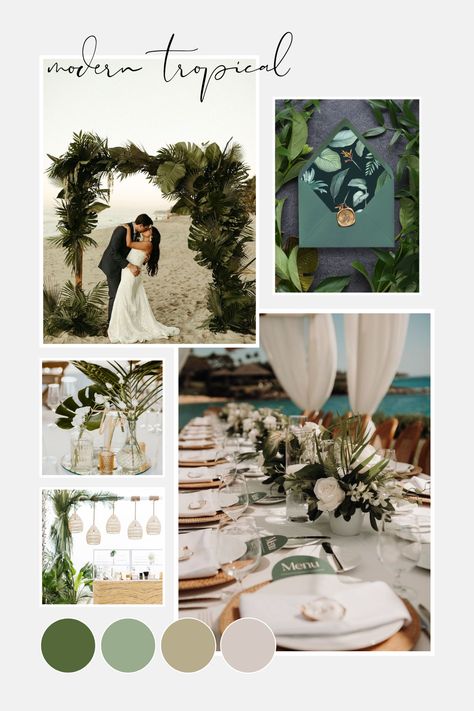 Green Destination Wedding, Ceremony Outdoor Decor, Beach Wedding Green Color Palettes, Tropical Aesthetic Wedding, Emerald Green Beach Wedding Theme, Modern Tropical Wedding Color Palettes, Light Blue Tropical Wedding, Beach Wedding Neutral Colors, Elevated Tropical Wedding