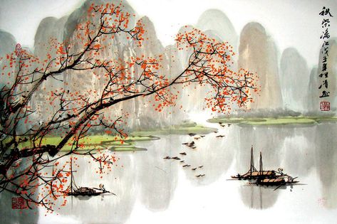 Wall Murals Diy, Chinese Landscape Painting, Art Chinois, Lake Painting, Chinese Landscape, Landscape Paintings Acrylic, Boat Painting, Art Japonais, East Asian