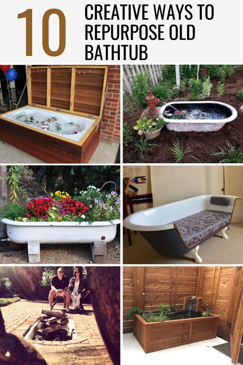 10 Creative Ways to Repurpose Old Bathtub Vintage Bathtubs Ideas, Bathtub Diy Ideas, Old Cast Iron Tub Ideas, Outdoor Bathtubs Ideas, Old Bath Tub Ideas Garden, Repurposed Clawfoot Tub, Bathtub Repurpose Ideas, Clawfoot Tub Repurpose, Repurpose Old Bathtub