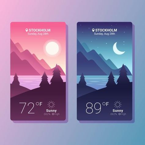 Weather App Screens Vector Weather Site Design, Weather Graphic Design, Weather App Design, Weather App Ui, Weather Illustration, Weather Cards, Vector Landscape, Ui Ux 디자인, App Design Layout