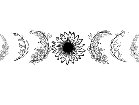 Moon Phases Arrow Tattoo, Floral Phases Of The Moon Tattoo, Sunflower Moon Phases Tattoo, Flower Phases Tattoo, Women Star Tattoos, Moon Phases Tattoo Floral, Moon Phase Flower Tattoo, Celestial Arm Band Tattoo, Smüt Tattoos