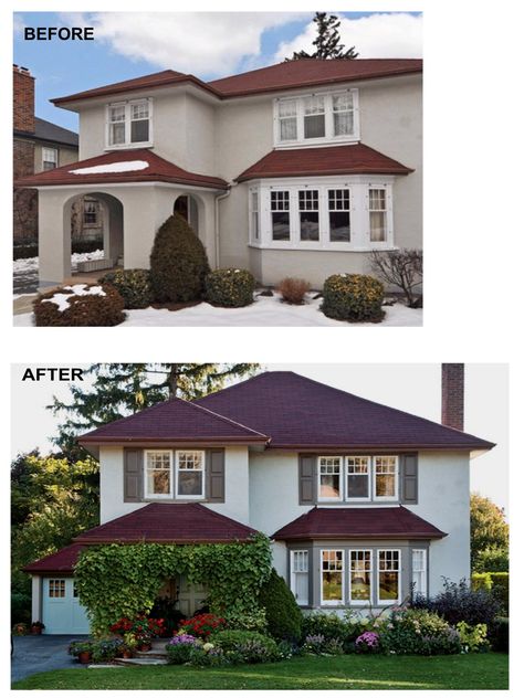 BEFORE & AFTER: Red Roof & Stucco Traditional Home upgraded with new colour palette, shrubs etc. plus shutters. (Also appears to be a garage added.) SOURCE: Houseandhome.com / article 'Our New House' May/2011. House Colors Exterior Red Roof, Dark Red Roof House Colors, House Roof Colour Ideas, Exterior House Colour Ideas, Burgundy Roof House Colors, Maroon Roof House Colors, Exterior Paint Colors For House With Red Roof, House Paint Exterior Colour Schemes Modern, Red Roof House Colors Home Exteriors