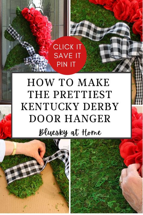 How to Make the Prettiest Kentucky Derby Door Hanger. Get the tutorial to make this DIY door hanger decoration for your Kentucky Derby party. This mossy and floral front door decoration will impress guests and welcome them to your festive party. Derby Wreaths For Front Door, Kentucky Derby Crafts, Kentucky Derby Diy, Derby Birthday Party, Kentucky Derby Party Ideas Decoration, Kentucky Derby Decorations, Kentucky Derby Food, Derby Themed Party, Kentucky Derby Themed Party