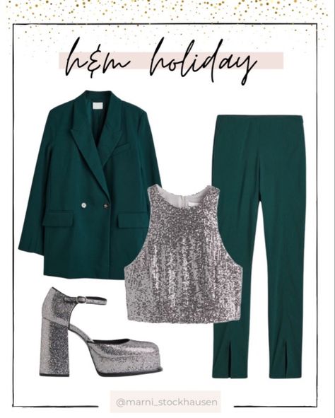 Holiday outfit idea Green And Silver Outfit, Christmas Green Outfit, Dark Green Blazer Outfit, Classy Blazer Outfits, Green Blazer Outfit, Dark Green Blazer, Silver Outfit, Trendy Dress Styles, Dark Green Pants