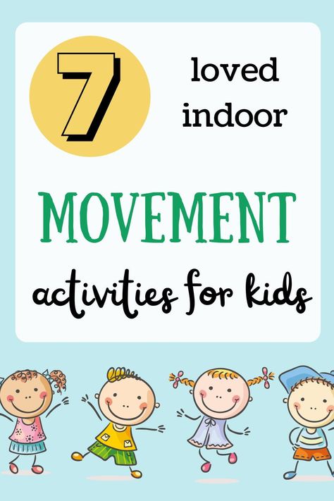 7 creative easy fun and well loved indoor movement activities for kids. Indoor movement ideas for hot cold rainy or snowy days to keep kids moving and having fun. Great brain break ideas for preschool or kindergarten classes. #brainbreakideas #movementactivitiesforkids #kidsmovmenet #movementideas #preschoolbrainbreak #kindergartenbrainbreak #movementactivities #preschoolmovementideas #indoormovementideas #indoormovementactivities #indooractivitiesforkids Fun Movement Activities For Preschoolers, Indoor Large Motor Activities Preschool, Big Movement Activities For Preschool, Kindergarten Gym Ideas, Gym Class For Preschoolers, Movement Breaks For Preschool, Prek Gym Activities, Pre K Movement Games, Indoor Gross Motor Preschool Classroom