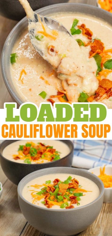 Loaded Cauliflower Soup is a rich and creamy soup loaded with bacon, cream cheese, green onions and cheddar cheese. Best Cauliflower Soup, Loaded Cauliflower Soup, Veggie Lunches, The Best Cauliflower, Thm Meals, Cauliflower Soup Recipe, Instapot Meals, Supper Tonight, Soup Keto