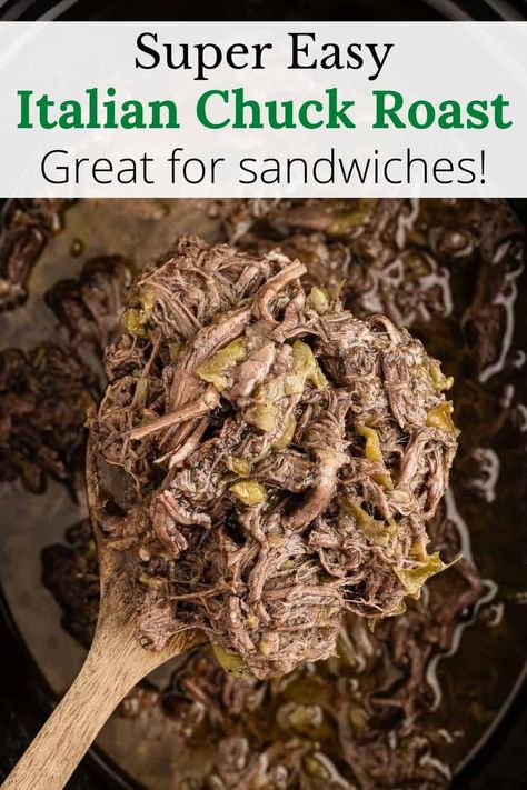 This Italian Beef Sandwich Recipe is one of our favorite Chuck Roast Recipes! It's as easy as searing a roast and adding it to the slow cooker with a jar of pepperoncinis and an Italian salad dressing packet. Simple ingredients and 10 minutes of minimal effort deliver flavorful, tender, juicy shredded beef sandwiches that are popular with the whole family! Italian Beef In Crockpot, Italian Beef Sandwich Recipe, Slow Cooker Beef Chuck Roast Recipes, Roast With Italian Dressing Packet, Italian Chuck Roast Recipes, Chuck Roast Crock Pot Recipes Italian, Italian Roast Beef Crock Pot, Beef Roast Crockpot Recipes With Italian Seasoning, Crock Pot Roast Beef Sandwiches