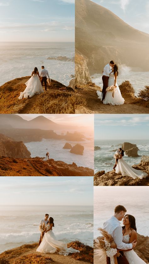 Elopement Ideas Pictures, Wedding Picture Locations, Wedding Elopment Dresses, Beach Cliff Wedding Photos, California Elopement Photos, California Engagement Shoot, Sunrise Elopement Beach, Wedding On A Cliff, Destination Wedding Photoshoot