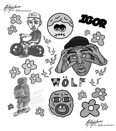 Tyler, the Creator flash tattoo sheet inspired by Golf, Golf Le Fluer, and his albums Goblin, Wolf, Cherry Bomb, and Igor. #tylerthecreator #flashtattoosheet #flashtattoo #fanart #tylerthecreatorwallpaper #tylerthecreatorart #golf #golflefluer #oddfuture #ofwgkta #cherrybomb #goblin #wolf #tattoo #hiphoptattoo #hiphop #rap #tylerfanart #tattooideas #rexorangecounty #flowerboy #streetwear #macmiller #golfwang #artistsoninstagram Wolf Tyler The Creator Tattoo, Tyler The Creator Igor Tattoo, Tyler The Creator Wolf Drawing, Rap Tatoos Ideas, Tyler The Creator Tattoos Ideas Igor, Igor Tattoo Tyler, Igor Tyler The Creator Drawing, Tyler The Creator Flower Tattoo, Tattoo Ideas Tyler The Creator