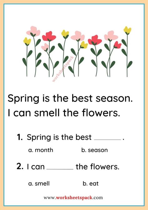 Spring Reading Comprehension Worksheets | Passage About Spring - Printable and Online Worksheets Pack Spring Reading Comprehension, Fun Phonics Activities, Spring Worksheet, Spring Reading, Activities Printable, Spring School, Reading For Beginners, Spring Printables, Spring Coloring Pages