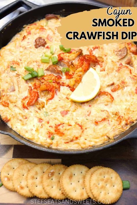 Cajun Smoked Crawfish Dip - Stef's Eats and Sweets Cajun Cooking Recipes, Cajun Appetizers, Crawfish Dip, Gameday Appetizers, Cajun Crab, Crawfish Recipes, Cajun Crawfish, Mardi Gras Food, Tender Meat