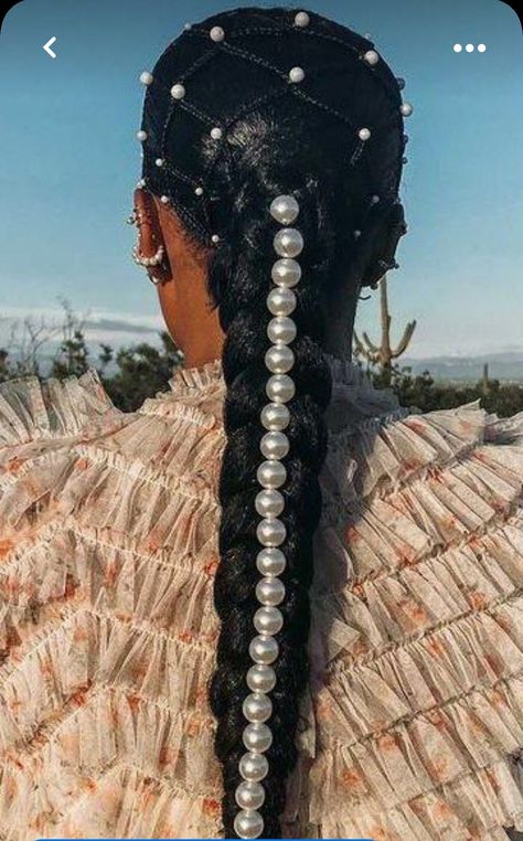 Pearls In Afro Hair, Pearls In Black Hair, Hair Stones Hairstyle, Afrofuturism Hairstyles, Crown Loc Styles For Women, Locs With Pearls, Cap And Gown Hair Hairstyles Black Women, Pearls In Braids, Wakanda Hairstyles