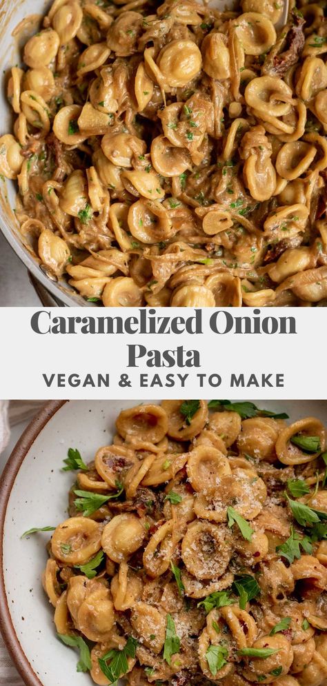 This Caramelized Onion Pasta is a great pantry-friendly meal that also happens to be perfect for an easy weeknight dinner. Dairy-free, creamy and delicious. Caramelized Onions Recipe Dinners, Carmelized Onion Creamy Pasta, Dairy Free Creamy Pasta Sauce, Vegan French Onion Pasta, Creamy Vegetarian Pasta Recipes, Easy Dairy Free Pasta Recipes, Creamy Caramelized Onion Pasta, Pasta Dinner Recipes Dairy Free, Cozy Vegan Meals