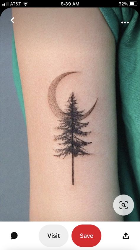 Feminine Tree Tattoos, Tree Tattoo Designs For Women, Woodsy Tattoos For Women, Small Forest Tattoo, Briar Tattoo, Moon With Trees Tattoo, Tree With Moon Tattoo, Tree And Moon Tattoo, Tree Moon Tattoo Design