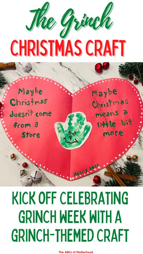 The Grinch Christmas Art, Easy Infant Christmas Crafts, Cute Christmas Gifts Homemade, Prek Grinch Crafts, The Grinch Handprint, Grinch Week Preschool, Grinch Hand Print Craft, Grinch Activity Preschool, Grinch Prek Crafts