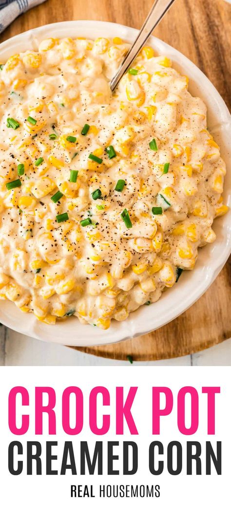 Toss together sweet corn, a blend of creamy cheeses, and the perfect spices in a crock pot to make everyone's favorite Crock Pot Creamed Corn! #Realhousemoms #crockpot #creamedcorn #bestcrockpotrecipes #sidedish #thanksgiving #christmas #easter Cream Corn Crockpot, Crockpot Creamed Corn, Cream Corn Recipe Crock Pot, Creamy Cheesy Corn, Crockpot Corn, Crockpot Veggies, Corn Side, Crock Pot Corn, Slow Cooker Creamed Corn