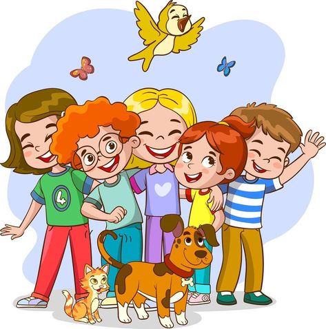 Cute happy kids hugging, smiling, standing together. Diverse children group portrait. Excited joyful little girls and boys, best friends. Flat vector illustration isolated on white background Friends Picture Cartoon, Friends Vector, Kids Hugging, Joy Boy, Dj Movie, Friends Cartoon, Group Portrait, Letter Games, Friends Illustration