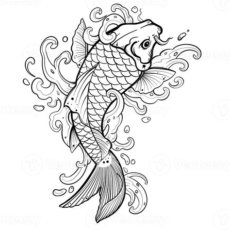 Koi fish tattoo with water splash Asian or Japanese style Pez Koi Tattoo, Japanese Fish Tattoo, Black Koi Fish, Japanese Koi Fish Tattoo, Tattoo Japanese Style, Colouring Pictures, Christian Sleeve Tattoo, Water Tattoo, Koi Tattoo