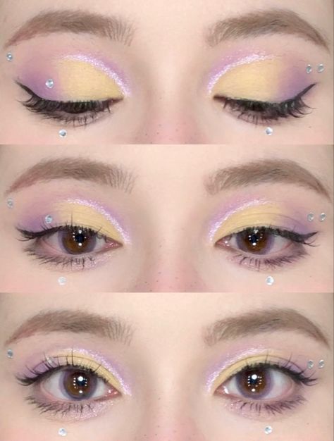 Repunzal Makeup Ideas, Rapunzel Eye Makeup, Tangled Makeup Look, Tangled Inspired Makeup, Rapunzel Inspired Makeup, Lavender Douyin Makeup, Tangled Makeup, Yellow And Purple Makeup, Rapunzel Makeup Look