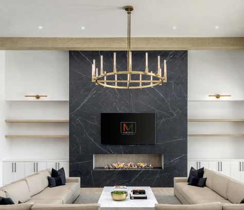 Image is fireplace covered in large-format porcelain, fabricated and installed by Moderno Porcelain Works Luxury Home Fireplace, Modern Fireplace Porcelain, Luxury Modern Fireplace, Black Porcelain Fireplace, Modern Fireplace With Built Ins On Both Sides, Porcelain Tile Fireplace Surround, Marble Fireplace Ideas Modern, Porcelain Tile Fireplace Wall, Dekton Fireplace