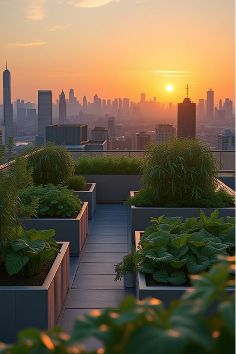 Modern rooftop garden with diverse vegetable containers and city skyline Rooftop Vegetable Garden, Rooftop Garden Urban, Veggie Gardens, Beautiful Christmas Scenes, Gardening Vegetables, Self Watering Pots, Bountiful Harvest, Container Gardening Vegetables, Different Vegetables