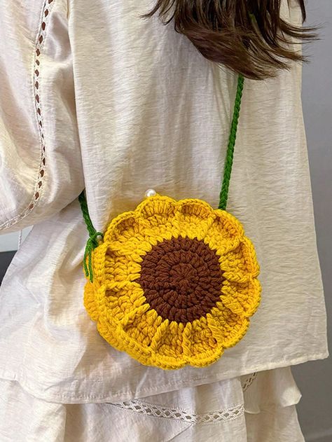 Produto acabado: Bolsa de tricô doce e artesanal, de girassol em miniatura de dupla face com alça transversal, chaveiro e bolso para moedas Amarelo Casual,elegante,Vintage   Poliéster Bloco de cores,Xadrez,Simples,Plantas,Padrão Texturizado Bolsa redonda,Bolsa novidade   Women Bags, size features are:Bust: ,Length: ,Sleeve Length: Leaf Hat Crochet, Crochet Novelty Bag, Cool Crochet Accessories, Side Bag Crochet, Sunflower Hat Crochet, Crochet Circle Purse, Granny Square Gifts, Crochet Circle Bag Pattern, Crochet Sun Flower