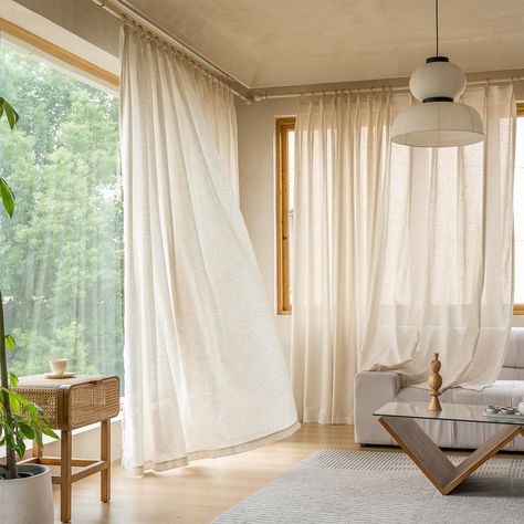 Linen Curtains With Blinds, Light And Airy Boho Bedroom, Curtains For Wide Windows Living Room, Mid Century Drapes, Sheer Linen Curtains Bedroom, Scandinavian Interior Curtains, Pleated Curtains Living Room, Boho Curtains Bedroom Bohemian Style, Shades In Living Room