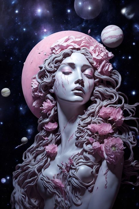 crying Aphrodite, the Greek goddess of love, a light pink flower growing in outer space, with planets, galaxies and spaceships behind it, Negative Space, Realistic Aphrodite Goddess Drawing, Aphrodite Art Drawing, Aphrodite Goddess Art, Space With Planets, Beautiful Scenery Drawing, Aphrodite Art, Pink Goddess, Goddess Aphrodite, Pink Planet