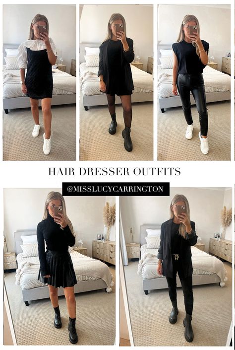 Trendy Work Fits, Cute Cosmetologist Outfits All Black, Hairdresser Fashion Outfits, Black Outfit Hairstylist, Hair Dresser Style Fashion Outfits, Makeup Artist Style Clothes, Outfits For Salon Work, All Black Hairdresser Outfits, Makeup Artist Clothes Outfits