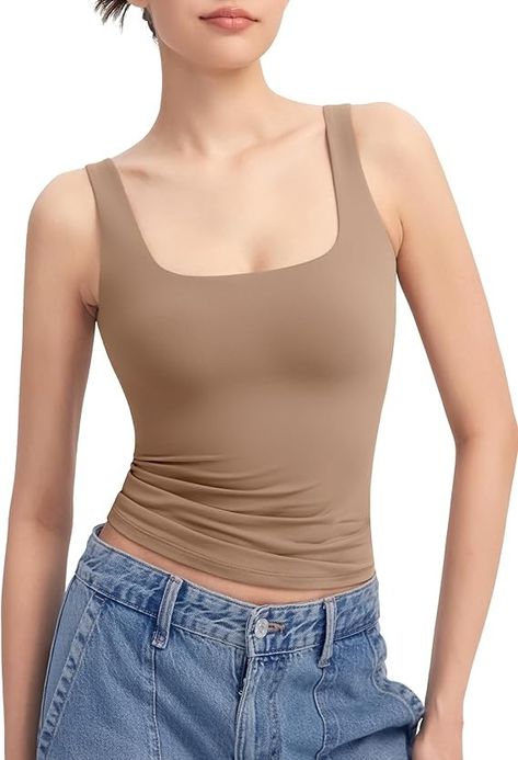 PUMIEY Tank Top for Women Square Neck Sleeveless Double Lined Summer Tops, Taffy Large at Amazon Women’s Clothing store Square Neck Tank Top, Stretchy Crop Tops, Casual Blouse Shirts, Skirt Crop, Tank Top For Women, Basic Wear, Timeless Wardrobe Staples, Birthday List, Crop Tank Top